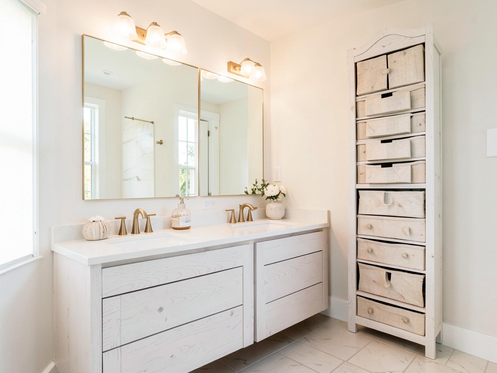 Floating white oak double vanity