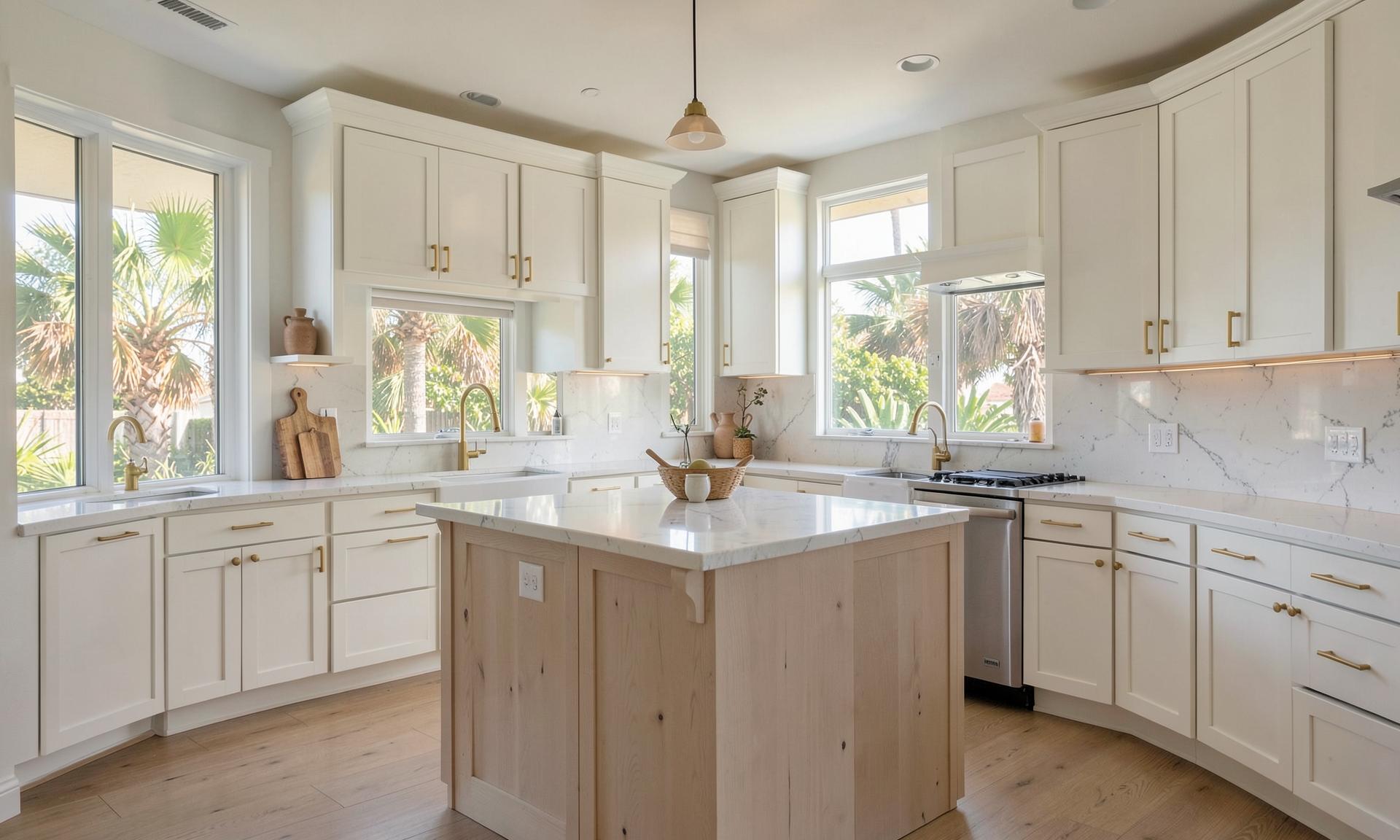 Bright coastal kitchen with warm white shaker cabinets and a white oak island